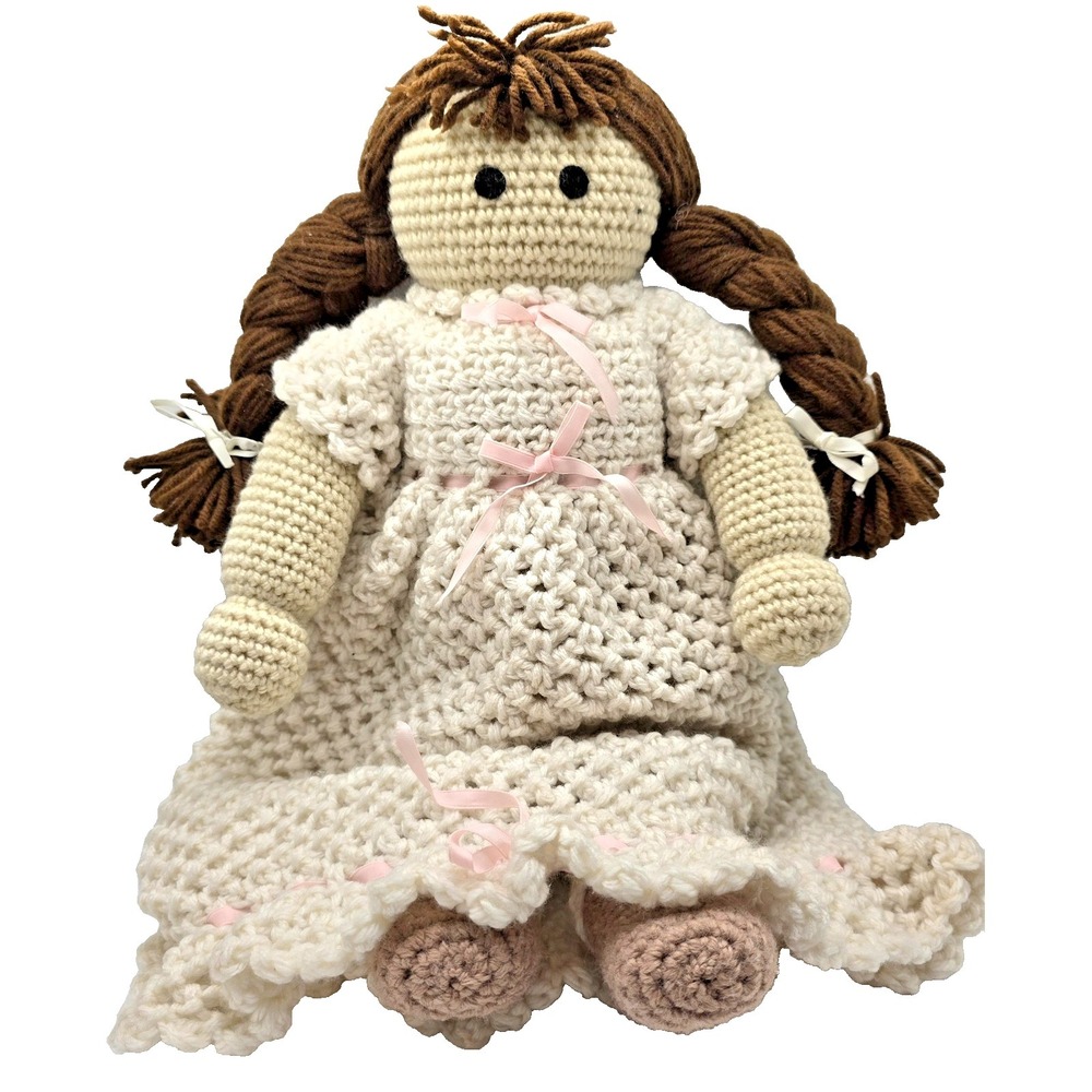 Handmade Crochet Rag Doll 19 Inch Soft‎ Toy Cream Dress Pink Bows Yarn Hair Girl